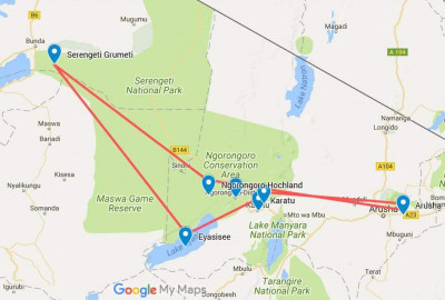 Grumeti-Fluss Safari und die Buschmänner von Lake Eyasi map