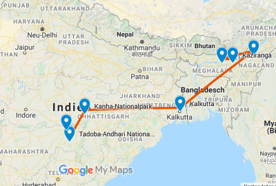 Indien Safari Nashörner, Elefanten und Tiger map